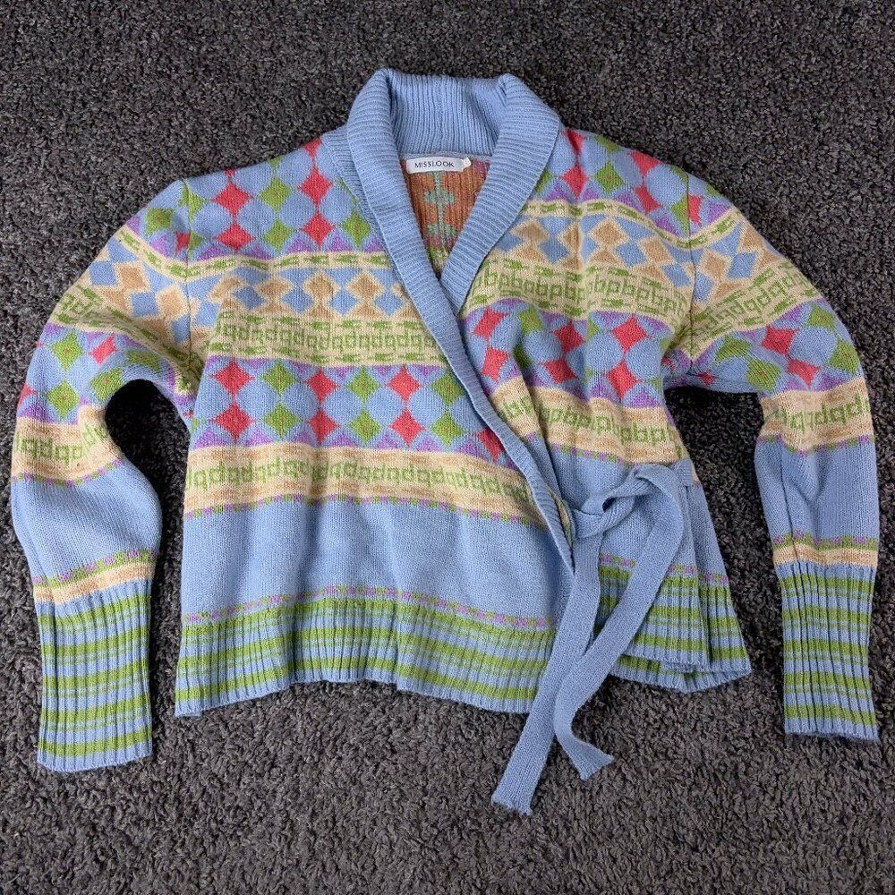 Misslook Sweater Vintage Y2K Womens XL Multicolor Acrylic Tie Wrap Cowl Neck   C